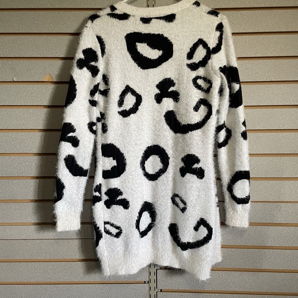 Jess Lea S Black White Cheetah Leopard Open Front Cardigan Pockets Feather Yarn - Picture 6 of 6